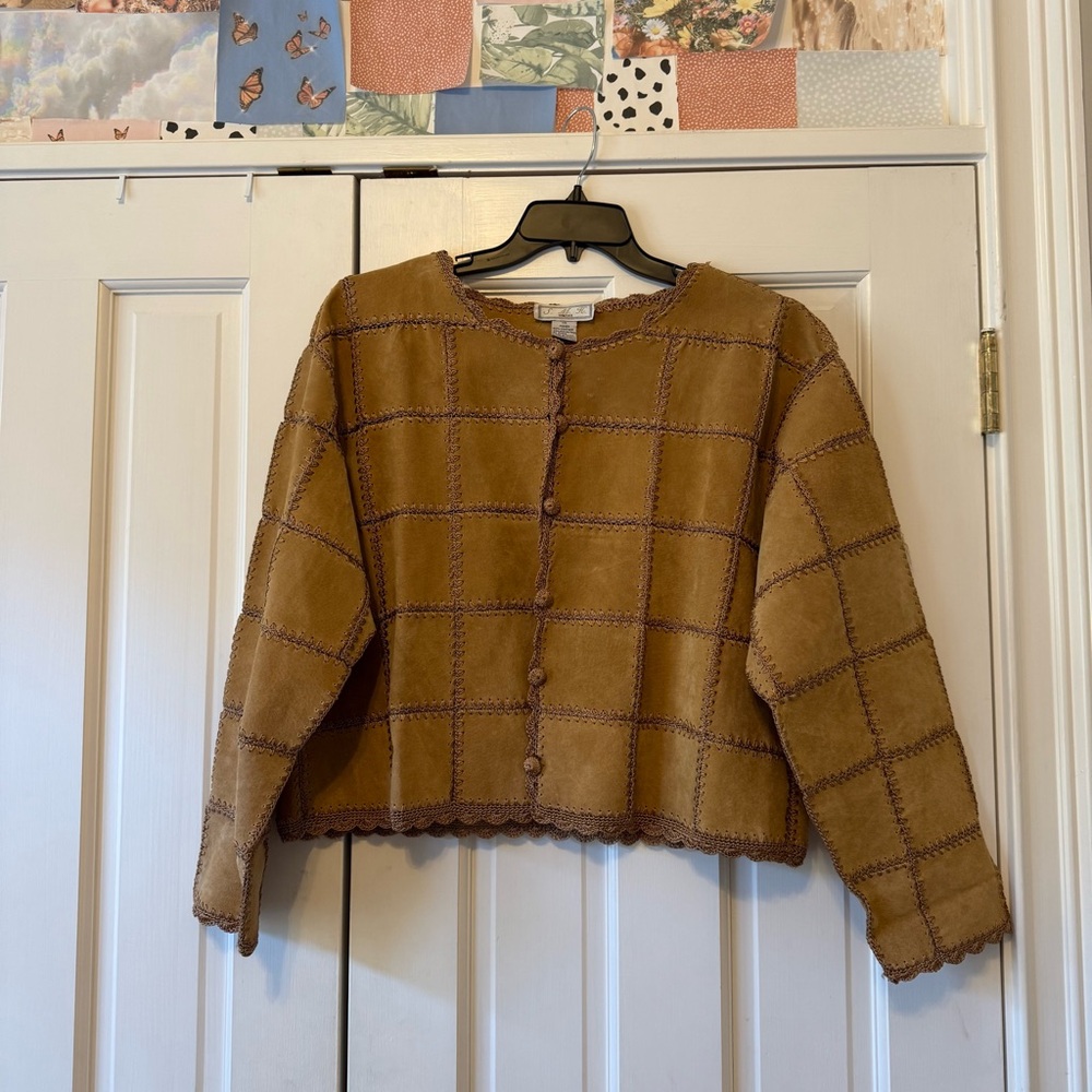 Vintage Genuine Leather Patchwork Crochet Button Front Tan Brown Jacket Size 1X